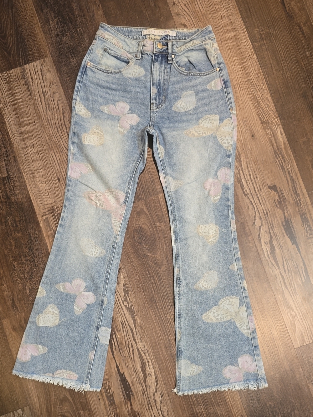 Tinseltown Light Wash Butterfly Print Flare Jeans, sz 5